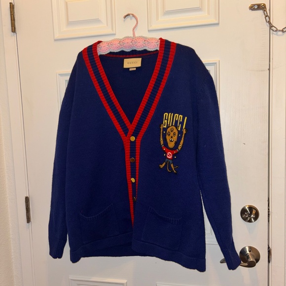 Vintage Authentic Gucci Alien Mascot Oversized Navy Blue Cardigan Mohair Cotton - Picture 2 of 12